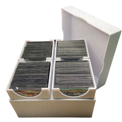 Take a whole night of EDH decks with you in this four deck box. The same internal dimensions for each section as our 100 count box but you can hold 4 deck in a single container. Easy grip cut outs for each deck so you don't have to fuss with trying to just get one out.